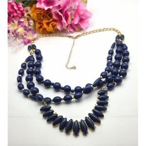 Premier Designs Navy Blue Beaded Statement Necklace Gold Tone 28" Adjustable